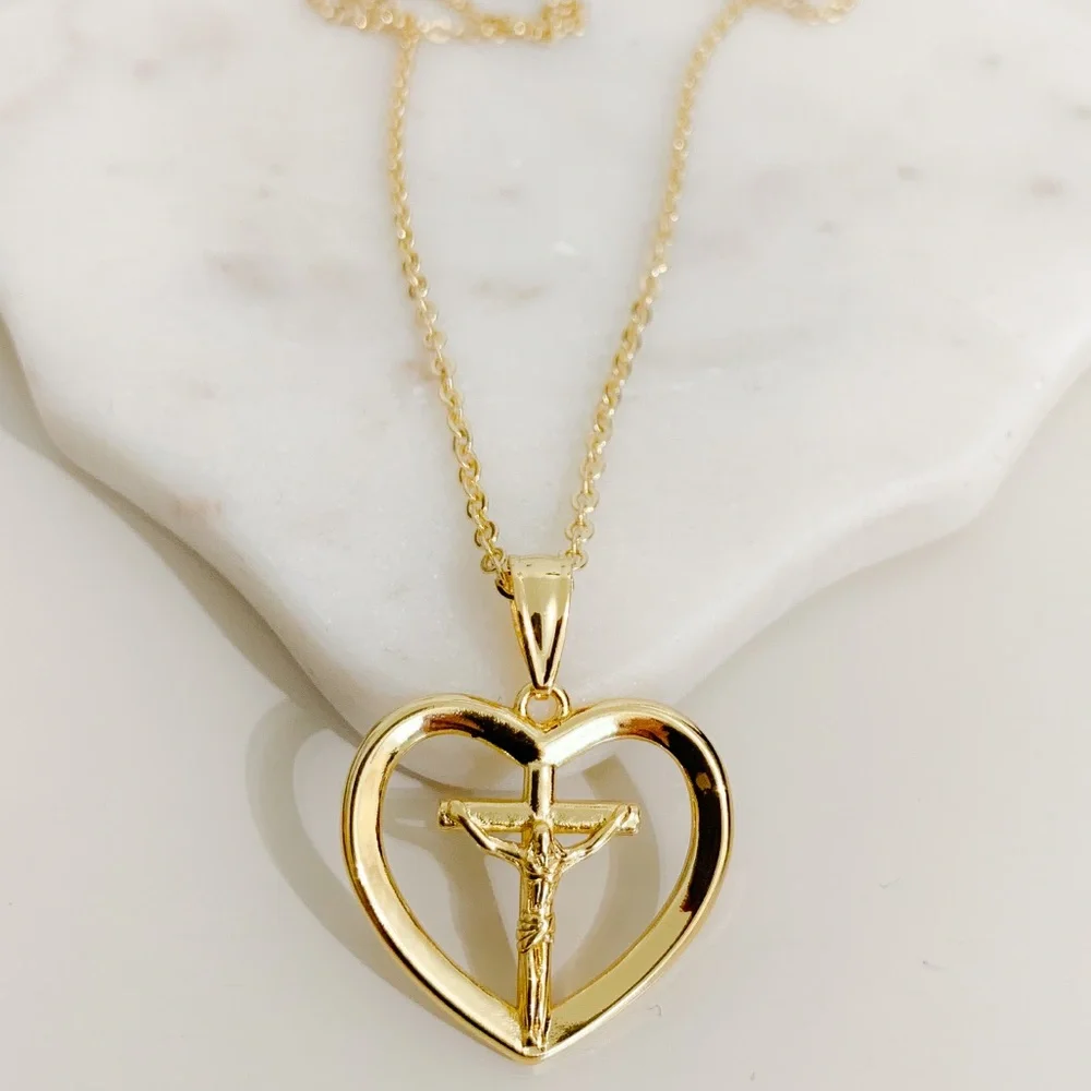 Jesus Heart Cross Necklace | 14k Gold Filled - Picture 1 of 8